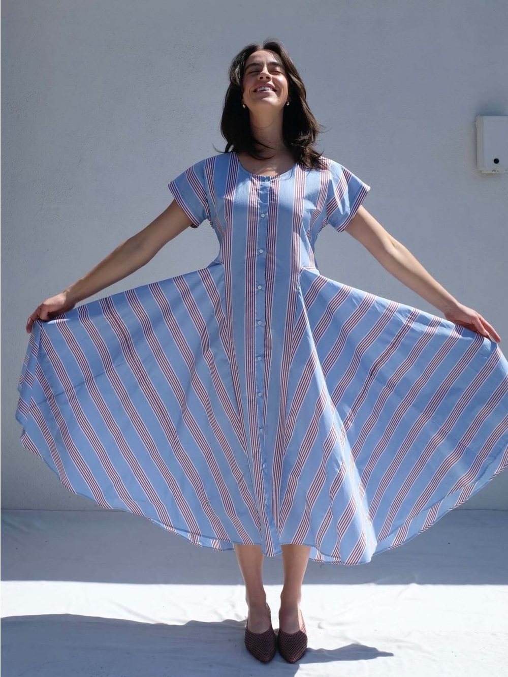 CARON CALLAHAN Beau Dress Blue Aubergine Stripe Size Small Cotton Midi